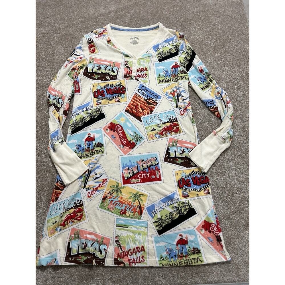Nick & Nora Travel Postcard Print Long Sleeve Pajama Dress Nightgown Size Small